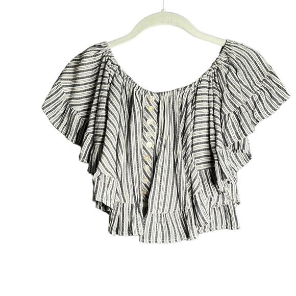 Angie Tops - Angie Blue and White Striped Ruffled Off Shoulder Crop Top Size Small